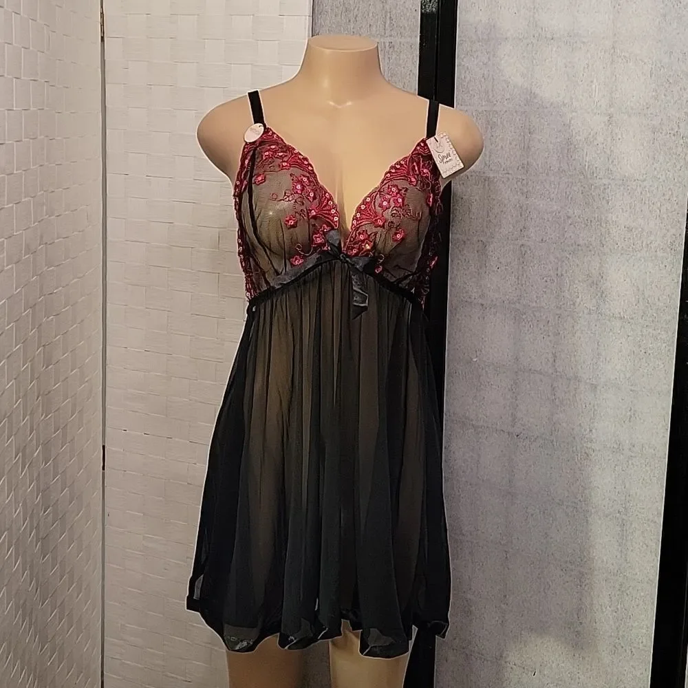 BRAND NEW SPREE INTIMATES BABYDOLL LINGERIE WOMEN WIDE STRAP HALTER NIG…